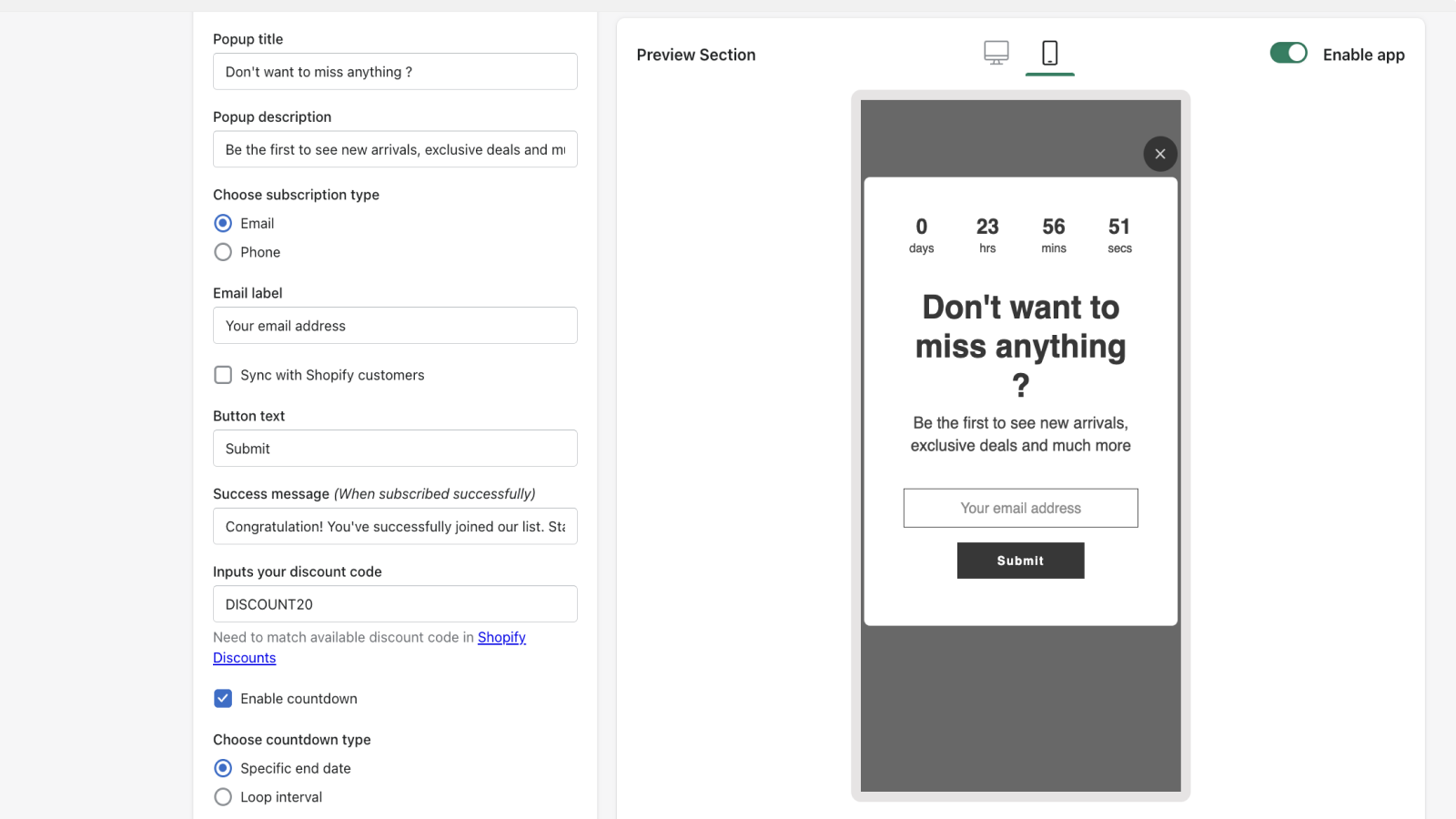 basic settings for shopify discount pop up