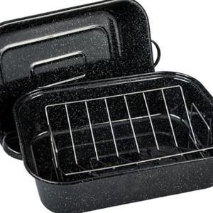 Granite Ware 21 in Oven Rectangular Roaster with lid and V Rack (Speckled Black) - Accommodates up to 25 lb poultry or roast.