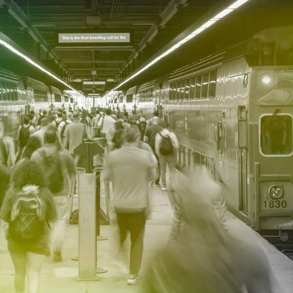 The evening commute at South Station in Boston, Massachusetts.