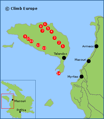 Map of the rock climbing areas on the island of Telendos, Kalymnos