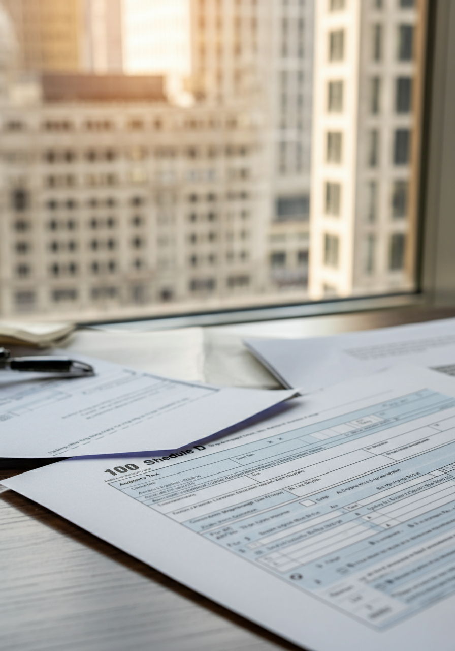 A close-up of IRS Form 1040 Schedule D highlighting the capital gains section, with property tax records nearby showing how these expenses factor into the adjusted cost basis calculation. The documents are arranged on a desk with Chicago architectural elements visible through a nearby window.