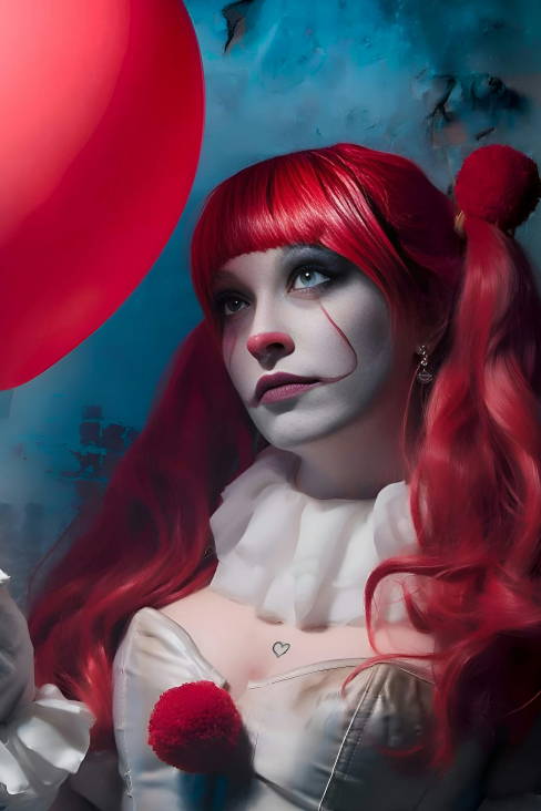 woman with red high pigtails dressed as a clown