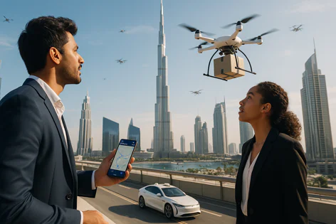 A man and woman watch a drone delivering a package over the modern Dubai skyline with the Burj Khalifa visible and a white car on a road below.
