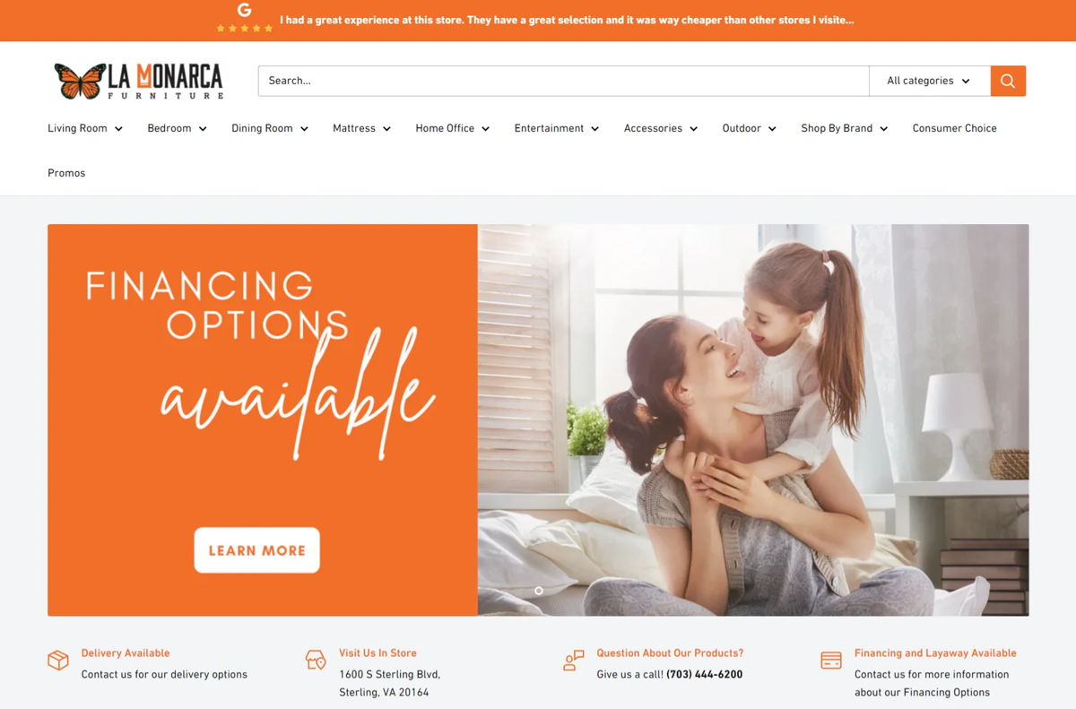 Screenshot of La Monarca Furniture, from the shopify furniture stores collection.