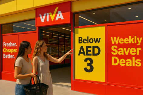 Two women stand outside a VIVA supermarket with a shopping basket. One points towards signs promoting 'Below AED 3' prices and 'Weekly Saver Deals' on the red and yellow store facade.