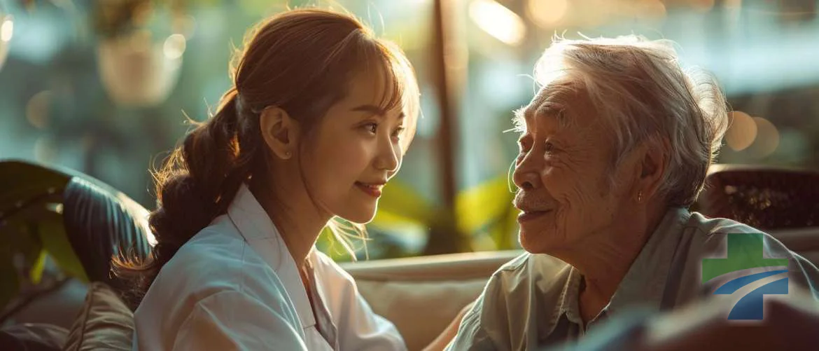 Young travel nurse shares a moment of connection with an elderly patient