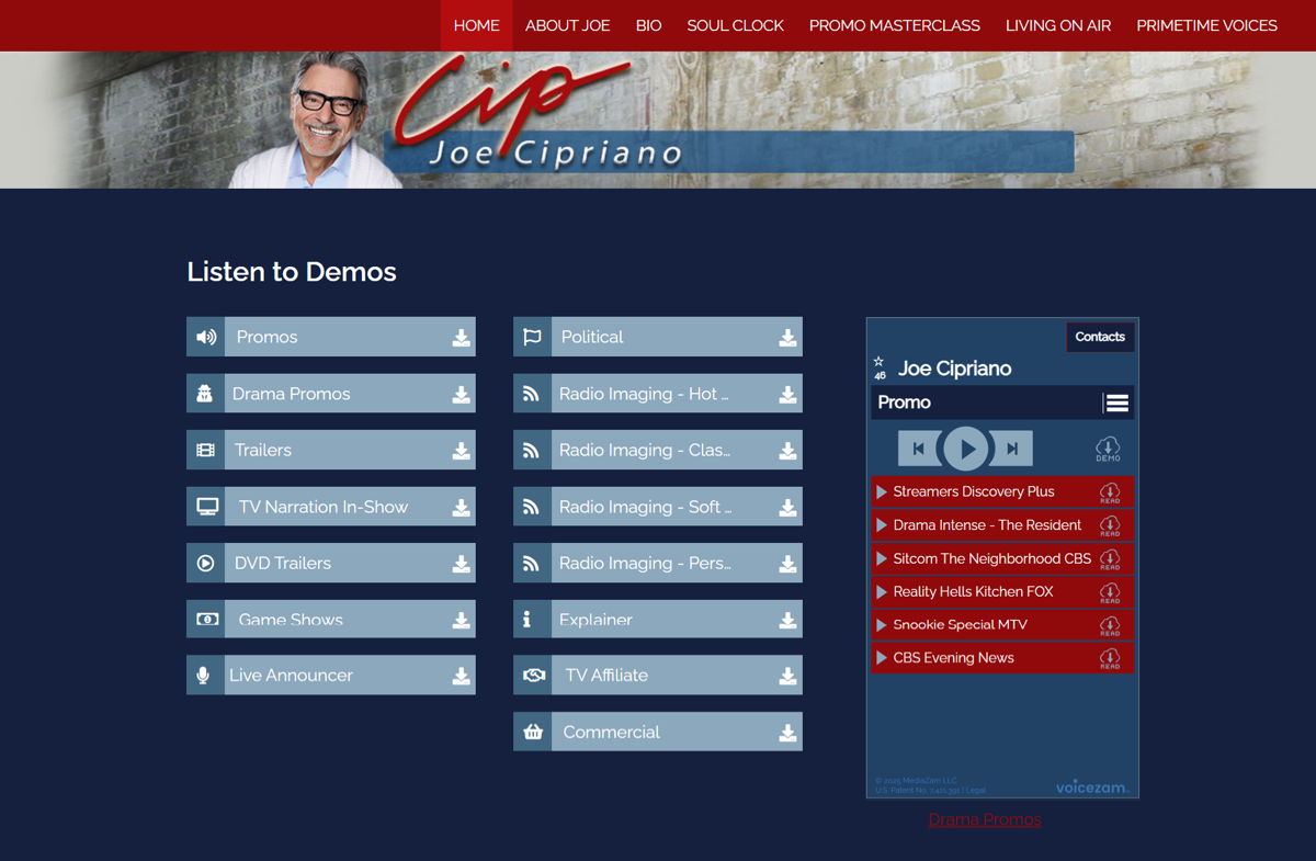 Screenshot of Joe Cipriano, from the voice actor portfolios collection.