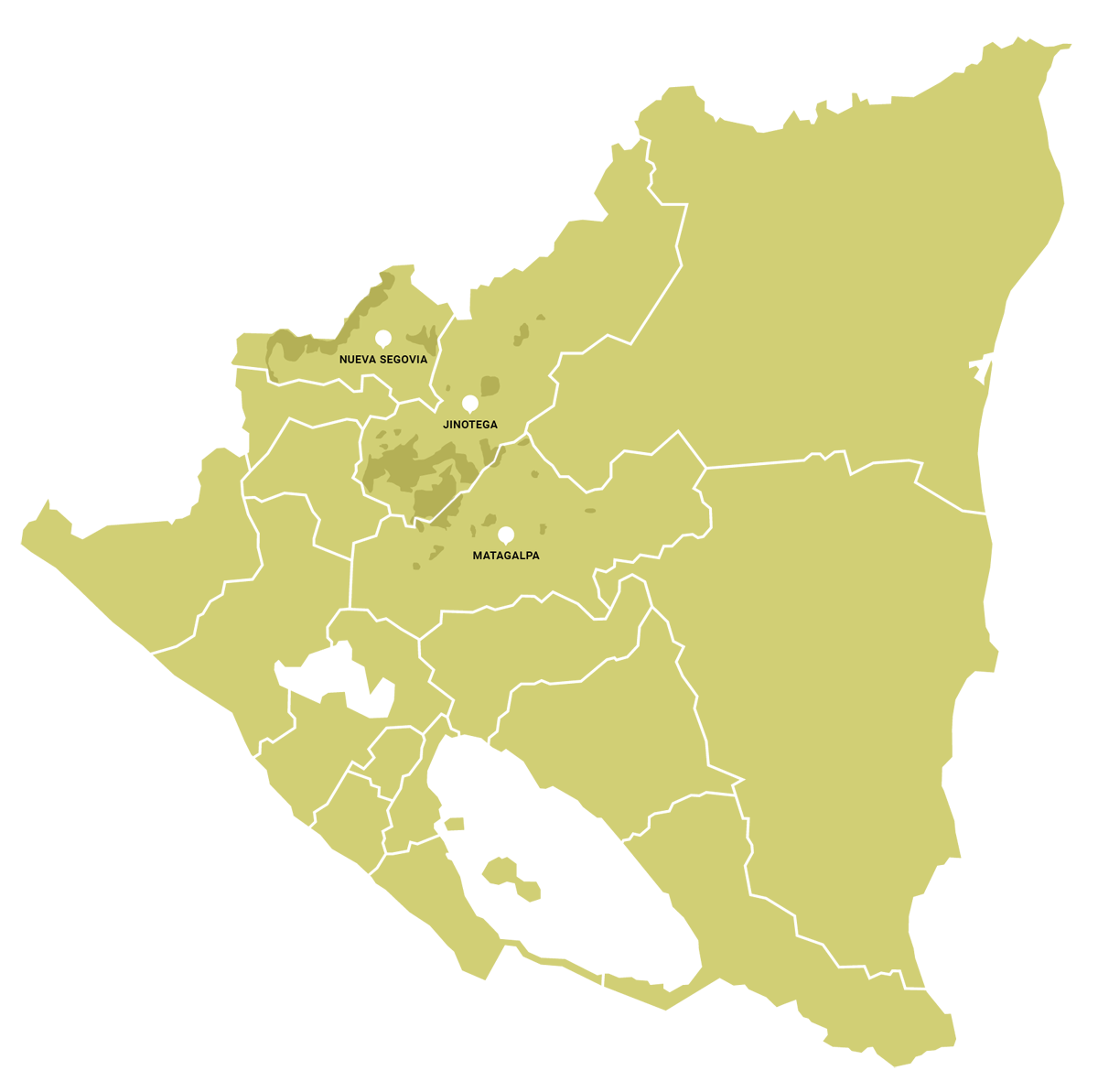 map from nicaragua with all coffee producing regions