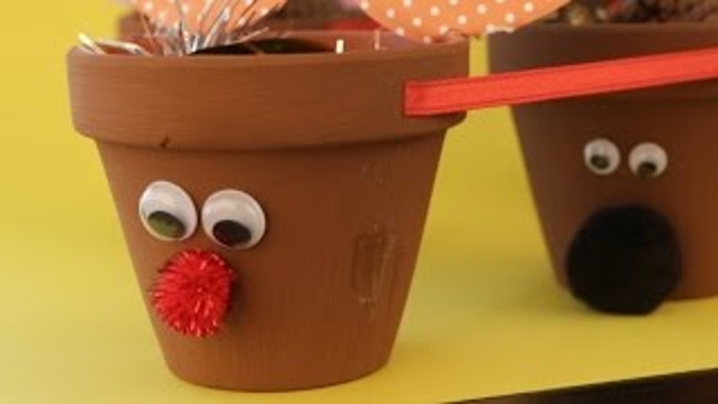 Flower pot with googly eyes and a reindeer nose