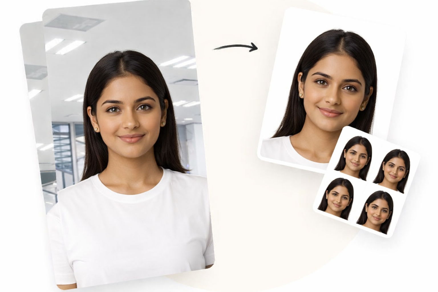Before and after: transform any selfie into a compliant passport photo with white background and correct cropping