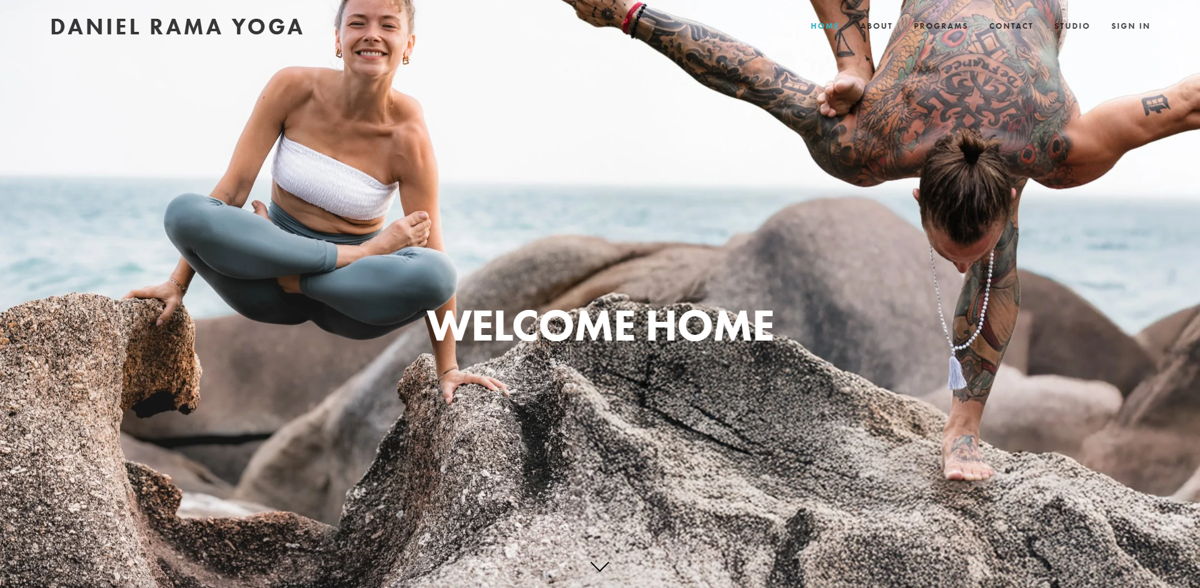 Screenshot of Daniel Rama Yoga, from the squarespace yoga websites collection.