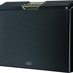 Joseph Joseph Folio 4-Piece Color coded Cutting Board Set, Steel Slimline Case for Organized Kitchen Storage, Large, Carbon Black