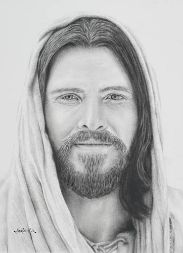 Charcoal portrait of Jesus Christ. He has a soft smile.