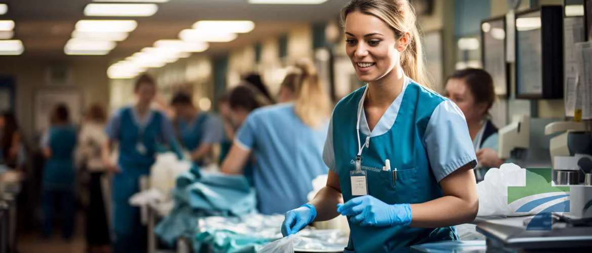 Eco-friendly hospital ward with nurses and sustainable practices