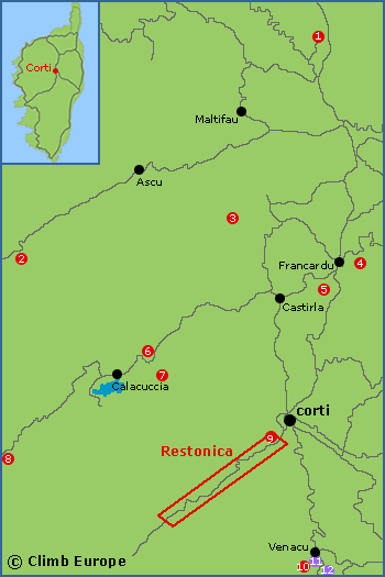 Map of the rock climbing and bouldering areas around Corti in Central Corsica