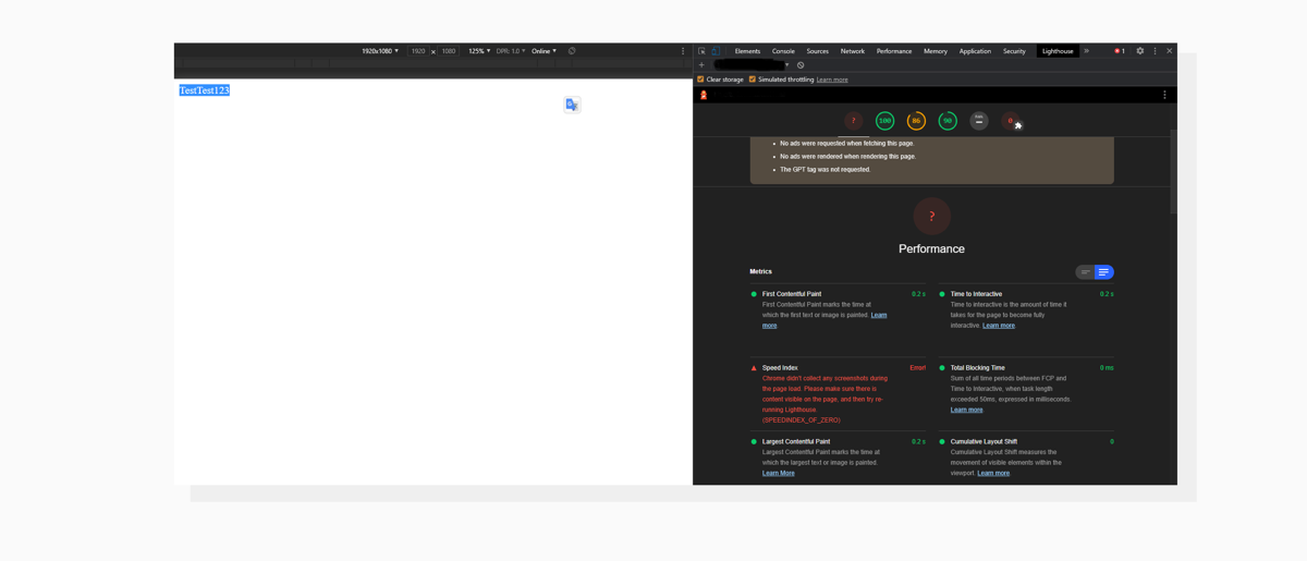 Speed Index fails to be calculated on an empty page; however, there is a white text (highlighted by mouse) on a white background. Screenshot of Google Lighthouse with errors because of white page