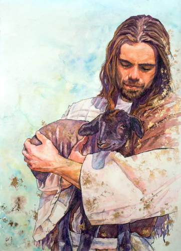 Jesus holding a black lamb.