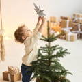 Toddler putting the star ornament on top of the Christmas Tree. 