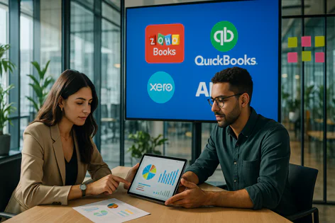 Business professionals review financial data charts on a tablet during a meeting, with logos for Zoho Books, QuickBooks, and Xero on a screen.