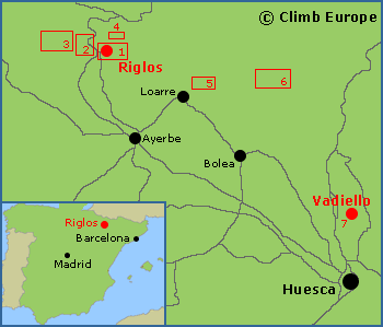 Map of the rock climbing areas around Riglos and Huesca