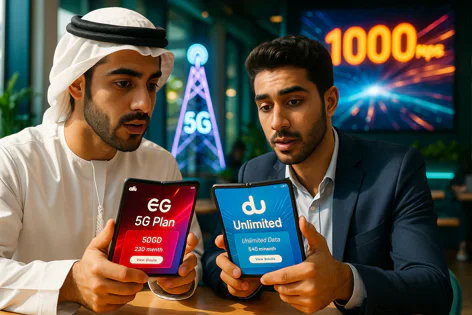 Two men, one in traditional dress and one in a suit, compare 5G mobile plans on foldable phones. Background shows 5G tower and high-speed data visuals.