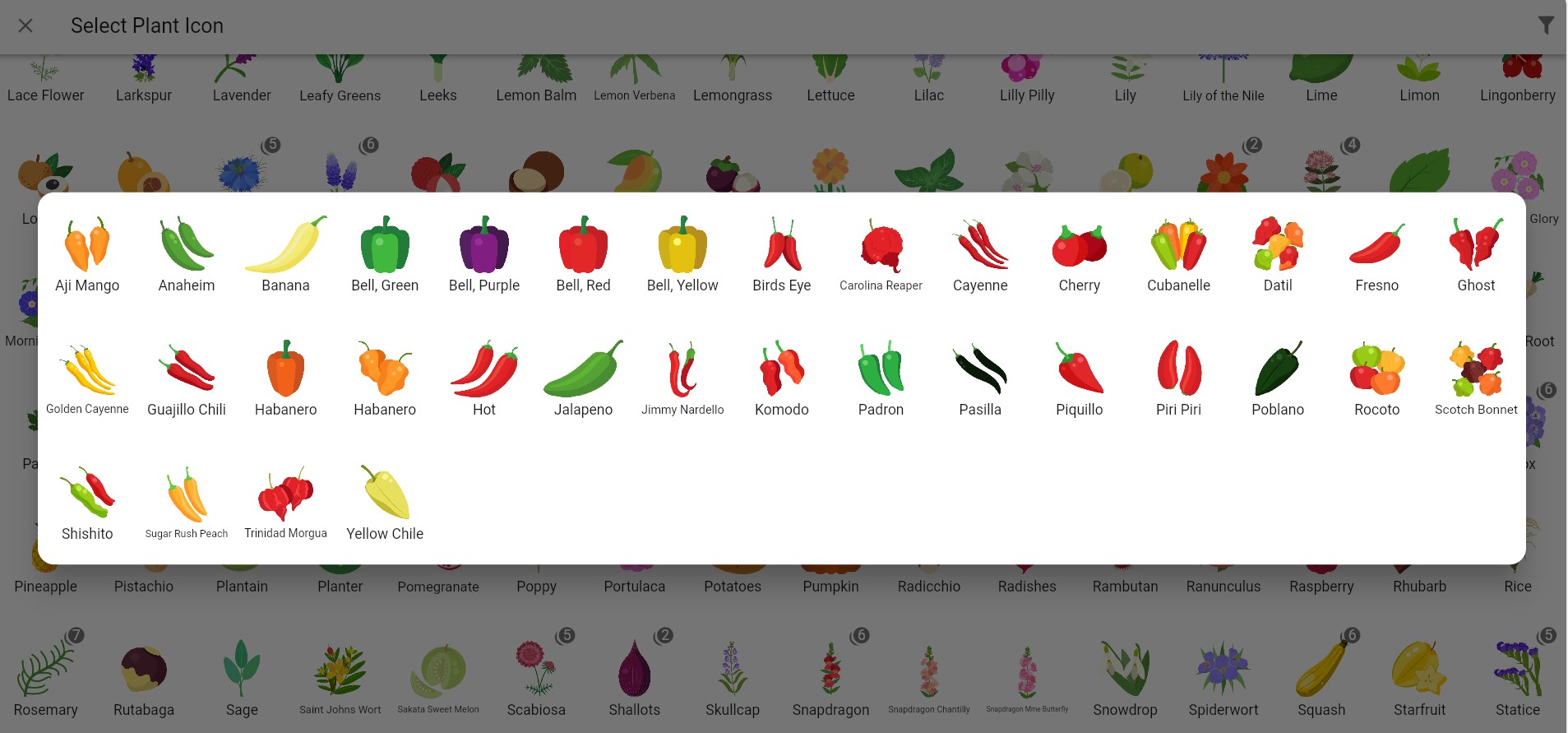 Screenshot of pepper icons in Planter