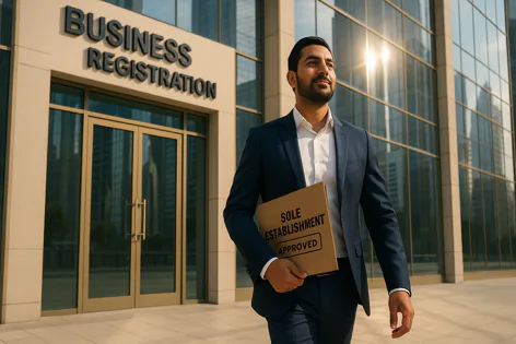 A happy man in a suit walks away from a business registration building, holding a folder marked 'Sole Establishment Approved', symbolizing successful business formation or startup approval.