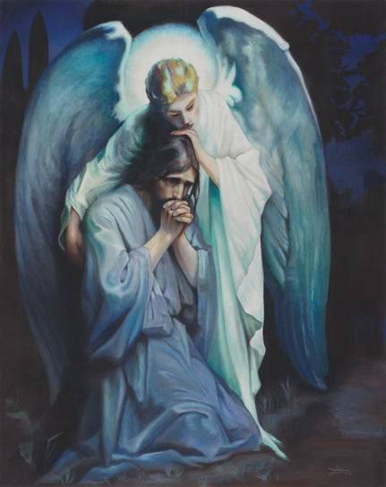 Somber painting of an angel comforting Jesus who is praying in Gethsemane.