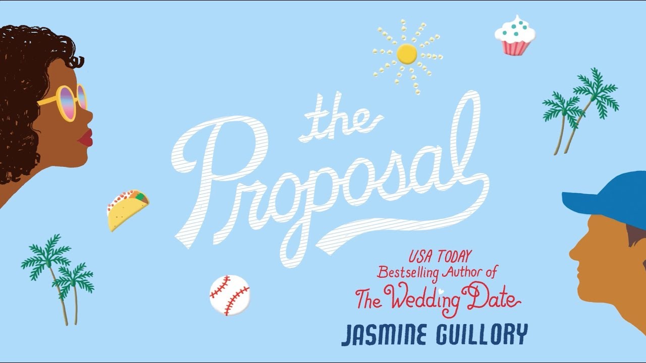 Cover of The Proposal, that is a light blue illustrated cover of a black woman and man with summer vibes.