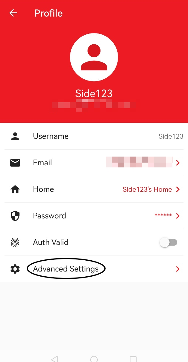 Profile screen showing account details. Tap Advanced Settings to open additional account options.