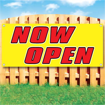 Wood fence displaying a banner saying 'Now Open' in red text on a yellow background
