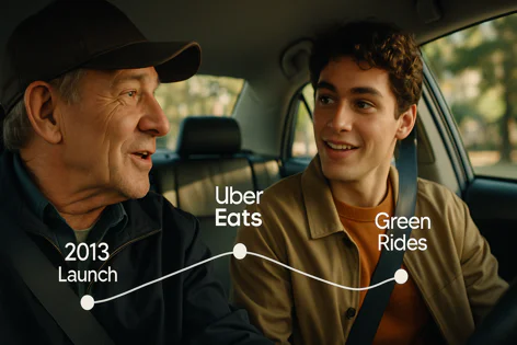 Two men riding in a car, overlaid with a graphic timeline indicating progress points: 2013 Launch, Uber Eats, and Green Rides. One man wears a hat.