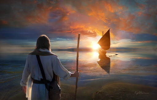 Jesus standing on the shore watching the disciples come in on their boat.