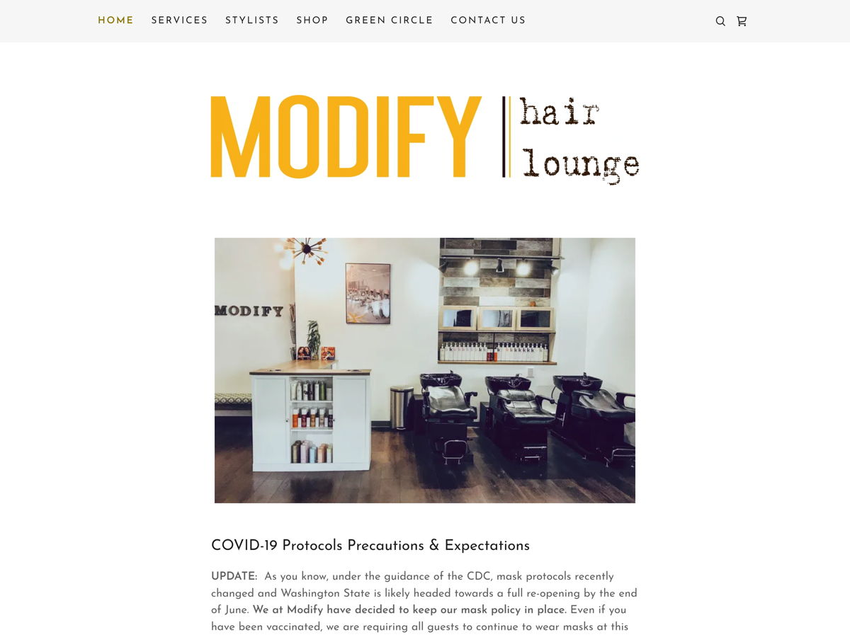Screenshot of Modify Hair Lounge, from the salon websites collection.