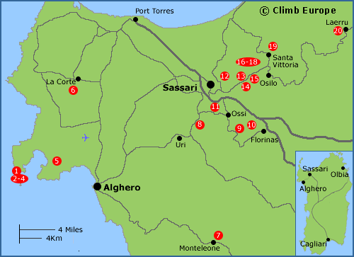 Map of the rock climbing and sports climbing areas around Alghero and Sassari