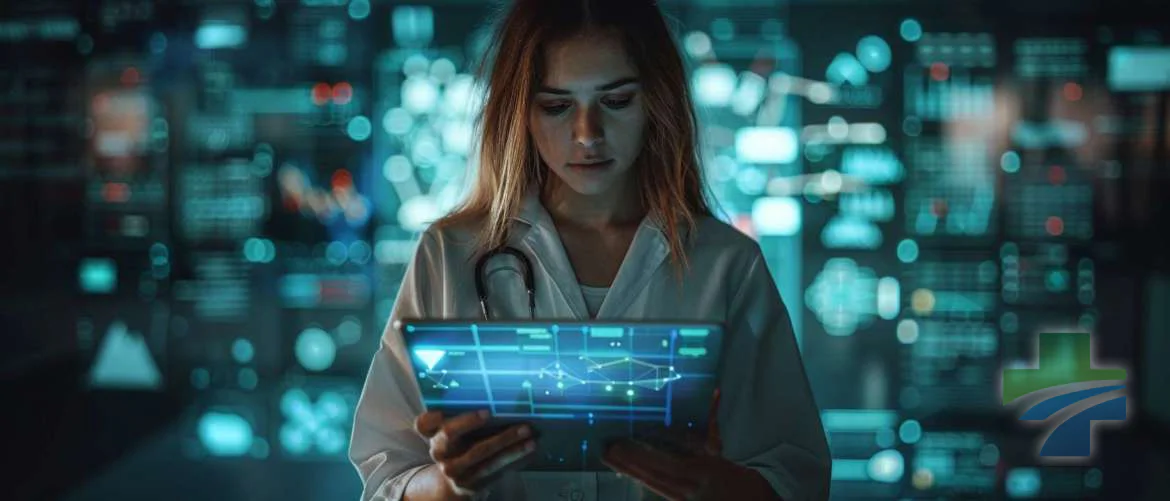 Focused nurse ensuring patient privacy with secure digital technology in a dim room.