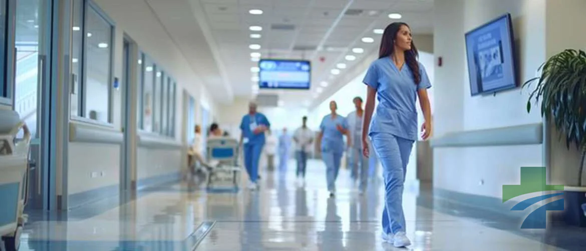 Nurses using touchless tech in a bright, modern hospital