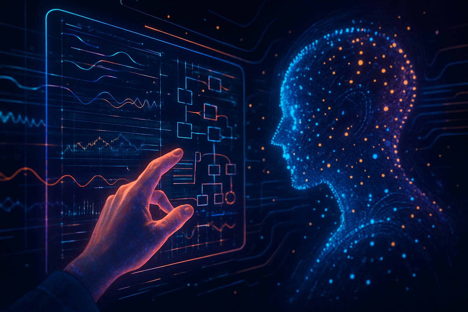 Human and AI collaboration in software development, representing the future of logic and debugging. From the DSA Fundamentals guide to flowcharts and code tracing.