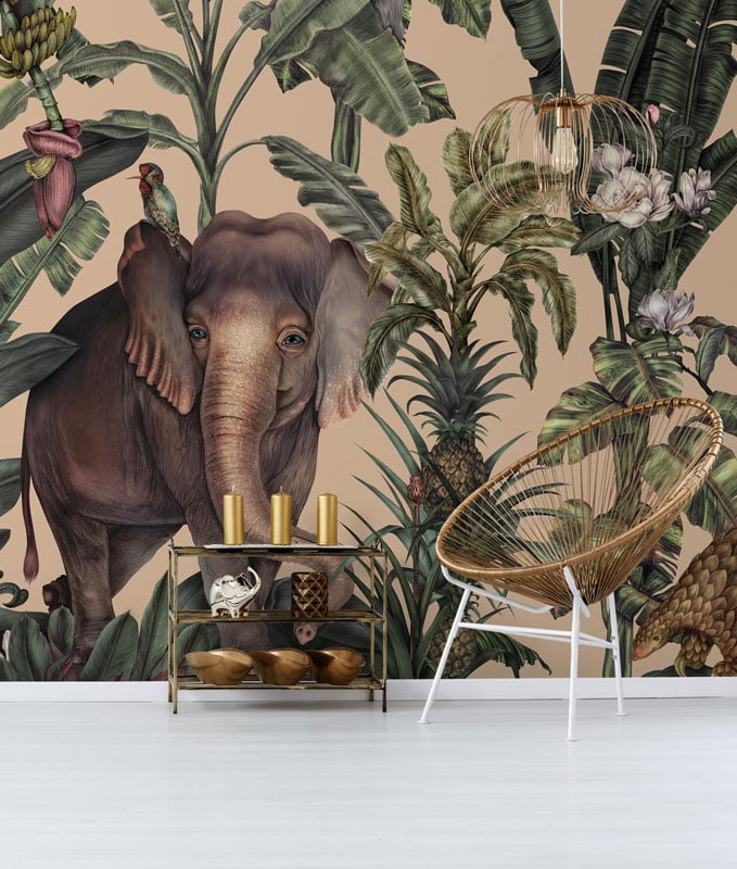Orange & Green Tropical Elephant Wallpaper Mural - Feathr Wallpapers