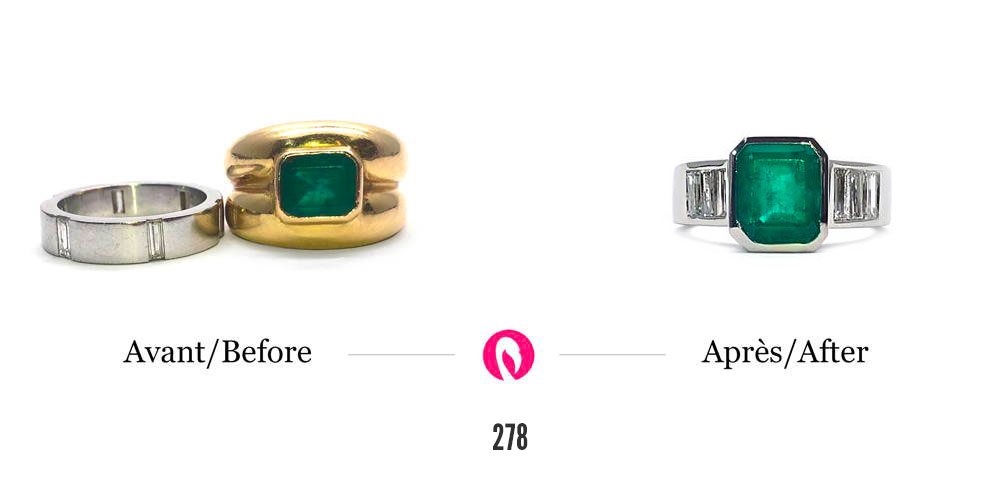 Transformation of two old rings, one in yellow gold with emerald and one in white gold, into a textured ring in white gold with emerald. 