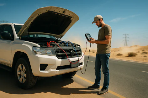 Man using a handheld battery tester connected by red and black cables to a white SUV's open hood on a desert road.