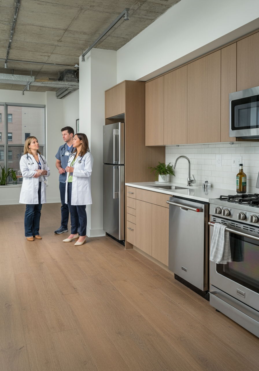 Medical professionals in casual attire touring a modern Streeterville condominium with an open floor plan and designer kitchen. The space offers convenient proximity to Northwestern Memorial Hospital, illustrating the neighborhood's appeal to healthcare workers seeking walkable access to workplace and amenities.