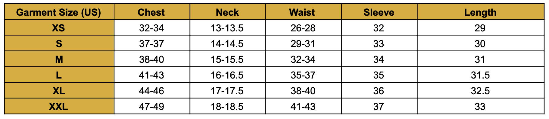 a table displaying the size chart in inches for silk shirts made by 1000 kingdoms including chest, neck, waist, and sleeve measurements for sizes XS, S, M, L, XL, and XXL