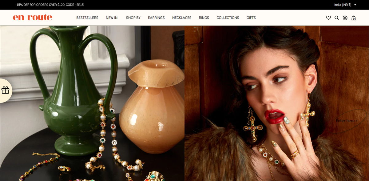 Screenshot of Enroute Jewelry, from the shopify jewelry stores collection.