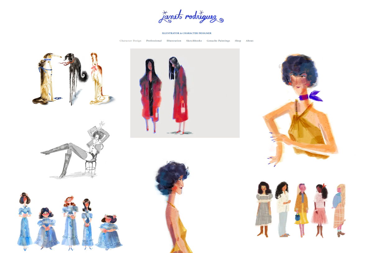 Screenshot of Art of Janet Rodriguez, from the character design portfolios collection.