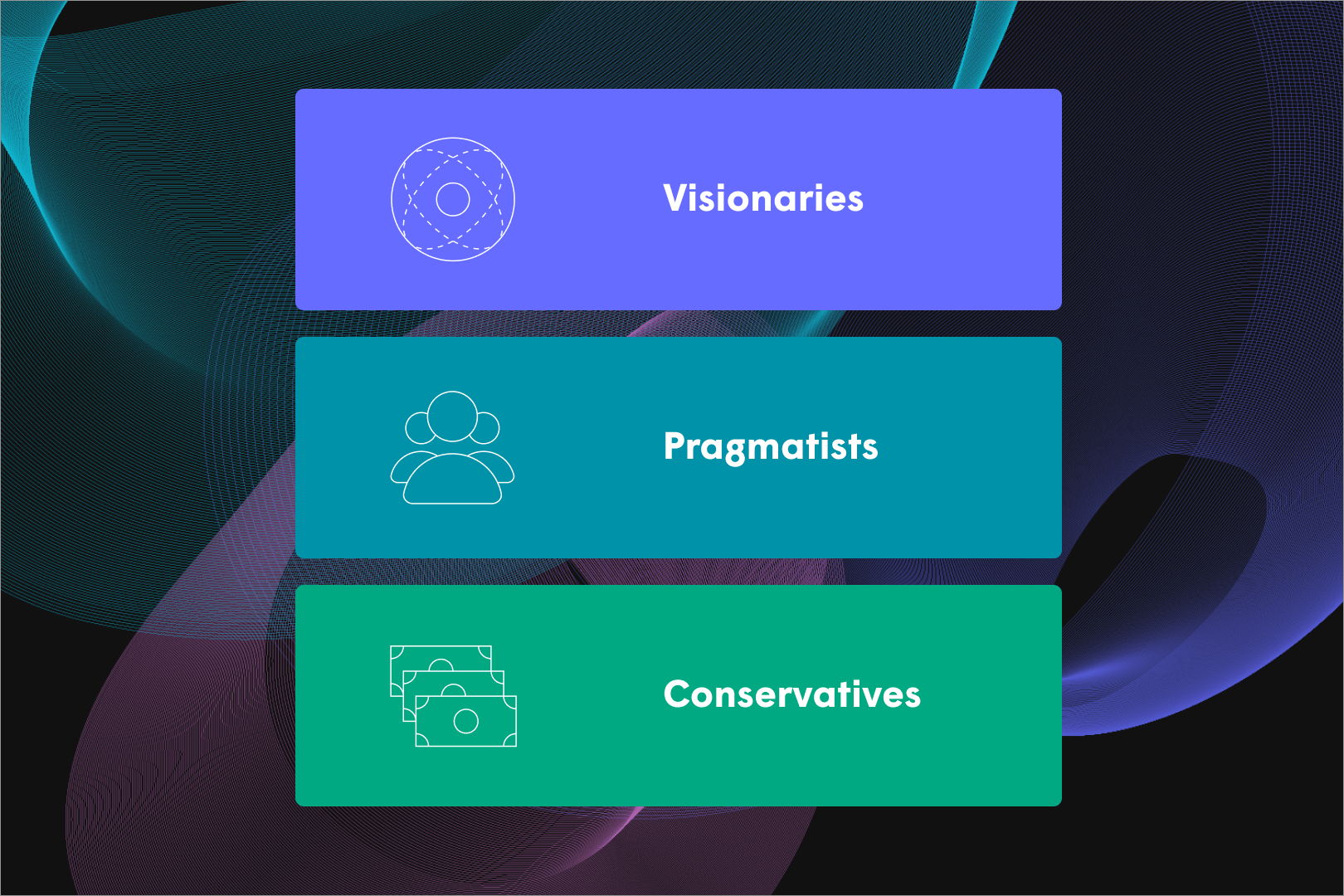 Graphic with bubbles for visionaries, pragmatists, and conservativess g