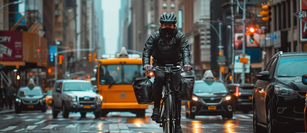 Cyclist in rain on the street