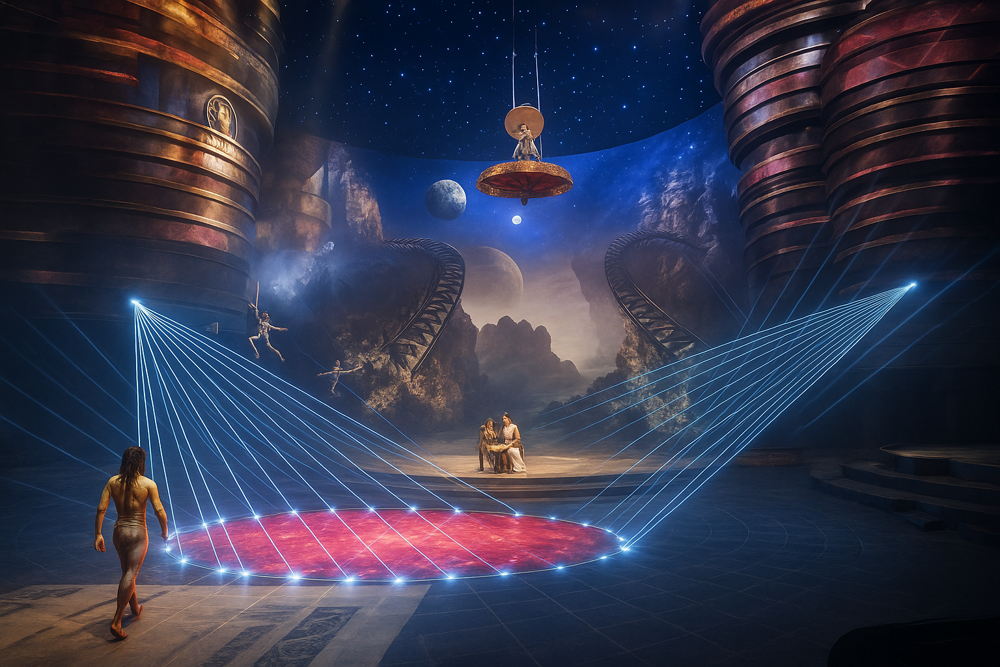 Surreal stage with figure approaching red glowing circle lit by blue lasers. Floating dancers near large structures, under a starry sky with planets.