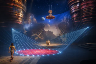 Surreal stage with figure approaching red glowing circle lit by blue lasers. Floating dancers near large structures, under a starry sky with planets.