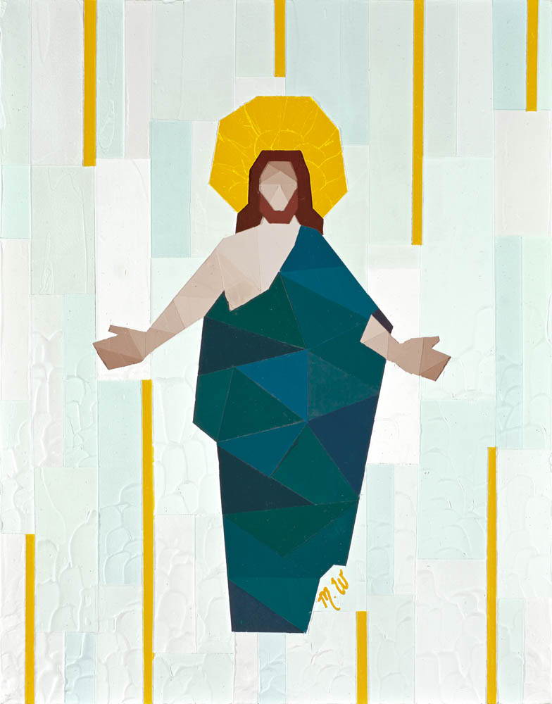 Geometric painting of Jesus with His arms oustretched. His head is encircled in a gold halo. 